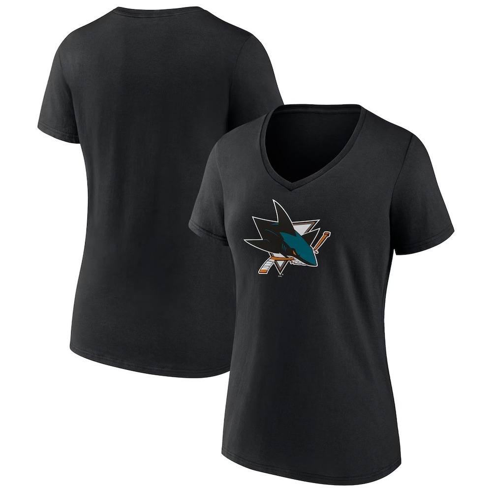 Fanatics® (Women's MEDIUM) San‎ Jose Sharks Primary Logo V-Neck T-Shirt in Black